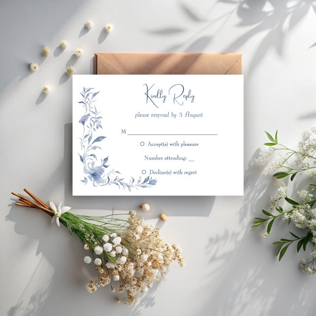 Cartão RSVP Casamento elegante de uma frita floral azul Dusty (Dusty blue vintage floral greenery ribbon elegant wedding RSVP cards wedding invitation suite)