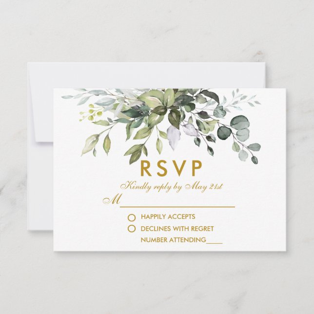 Cartão RSVP Casamento Elegante de Watercolor Greenery Dourado (Frente)
