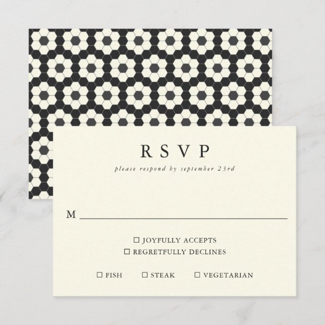 Cartão RSVP Casamento Elegante do Azulejo Geométrico Branco Re (Frente/Verso)