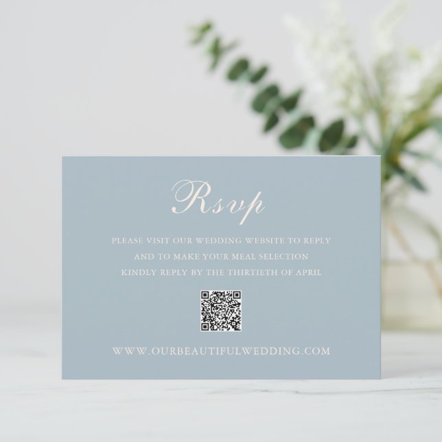 Cartão RSVP Casamento Elegante do Código QR Azul Clássico Mute (Em pé/Frente)