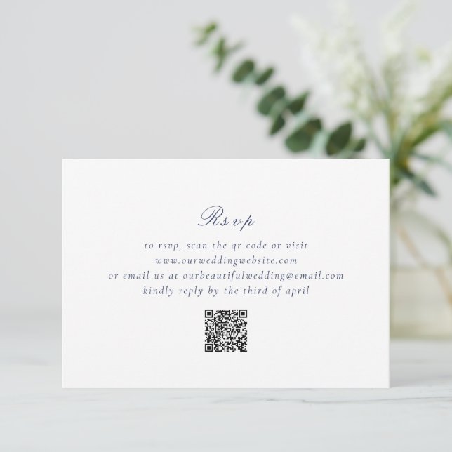Cartão RSVP Casamento elegante do código QR azul de Marinho li (Em pé/Frente)