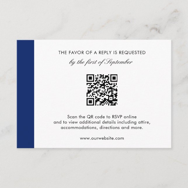 Cartão RSVP Casamento elegante do Código QR Azul do Marinho Mo (Frente)