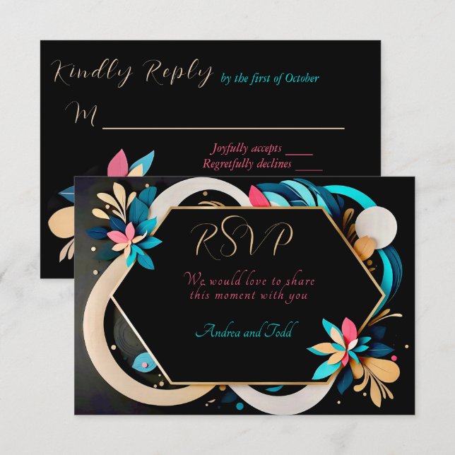 Cartão RSVP casamento elegante e abstrato (Frente/Verso)