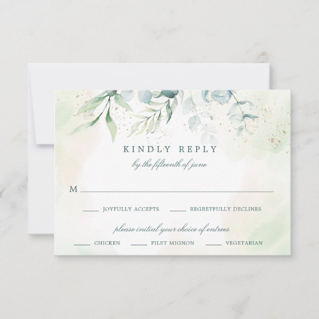 Cartão RSVP Casamento Elegante Eucalyptus Greenery Meal Choice (Frente)