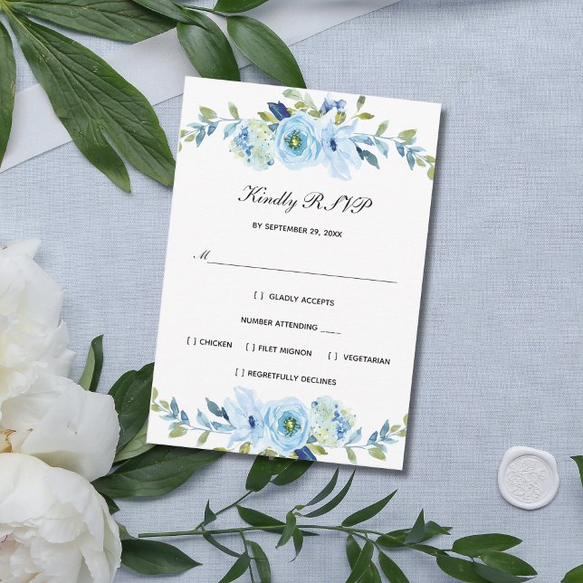 Cartão RSVP Casamento Elegante Floral de Cor Verde Azul (Blue green Floral Watercolor Wedding RSVP card)