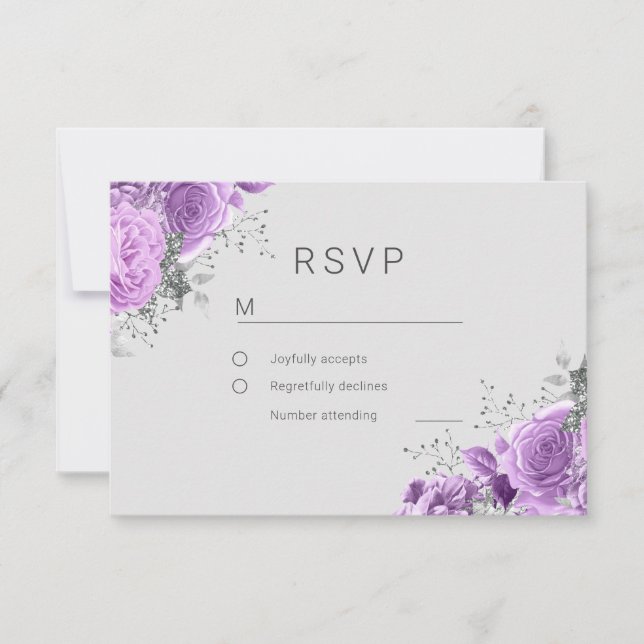 Cartão RSVP Casamento Elegante Floral de lavanda Roxo e Prata (Frente)