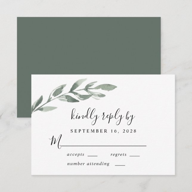 Cartão RSVP Casamento Elegante Greenery Watercolor (Frente/Verso)
