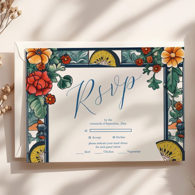 Cartão RSVP Casamento Elegante Lemon Botanical Blue Mediterrân (Criador carregado)