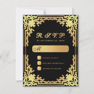 Cartão RSVP Casamento Elegante Letra Cursiva Dourada Falso Pre