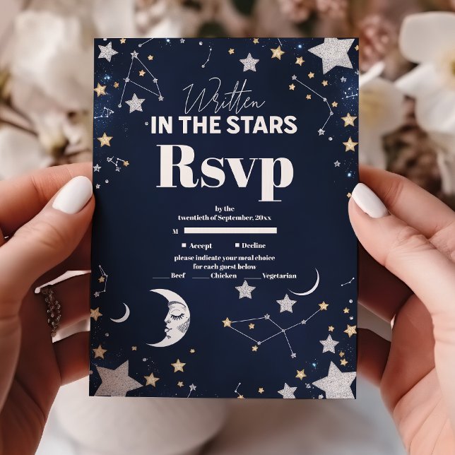 Cartão RSVP Casamento Elegante Lua Crescente Celestial (Criador carregado)