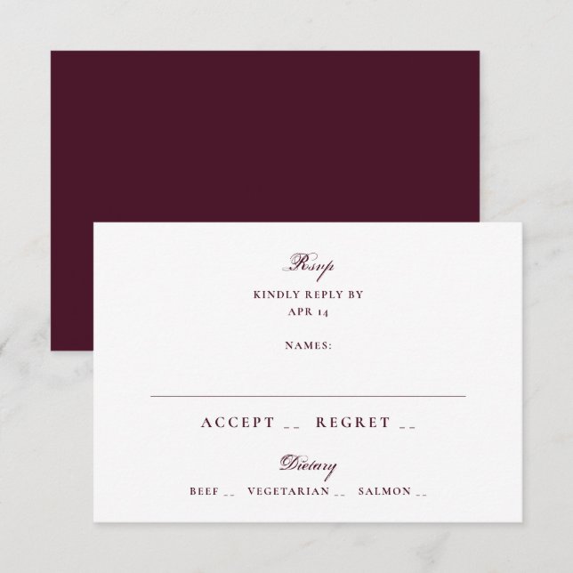 Cartão RSVP Casamento elegante Maroon Plum Calliografia (Frente/Verso)