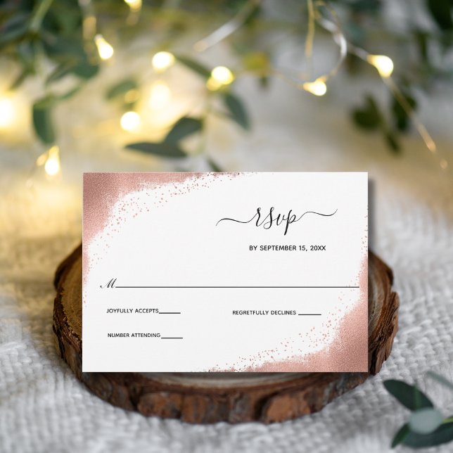Cartão RSVP Casamento Elegante Moderno com Glitter Dourado ros (Rose Gold glitter border RSVP card for wedding)