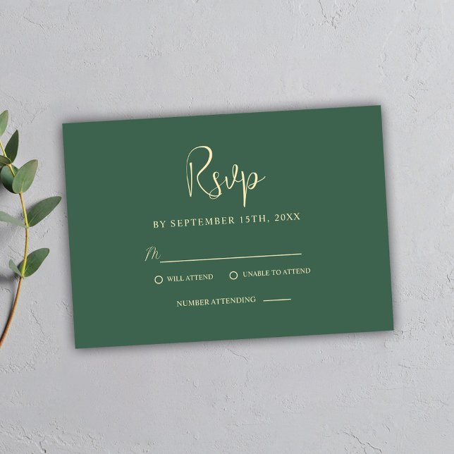 Cartão RSVP Casamento Elegante Moderno com Script Mínimo Verde (Green Minimal Script Modern Elegant Wedding RSVP Card)