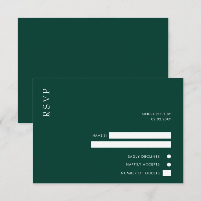 Cartão RSVP Casamento Elegante Moderno Emerald Green (Frente/Verso)