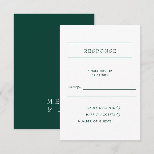 Cartão RSVP Casamento Elegante Moderno Emerald Green (Frente/Verso)