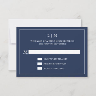 Cartão RSVP Casamento Elegante Monograma Azul Simples Marinho