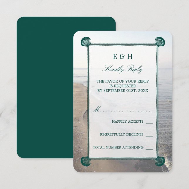 Cartão RSVP Casamento Elegante Monograma & Teal Scallop Beach (Frente/Verso)