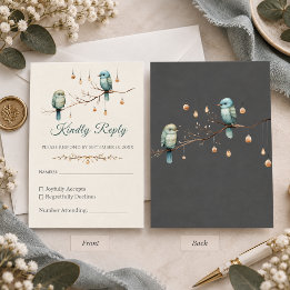 Cartão RSVP Casamento Elegante na Floresta com Pássaros Azul M