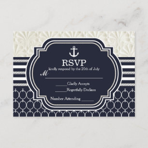 Cartão RSVP Casamento Elegante na Praia com Azul Marinho e Bra