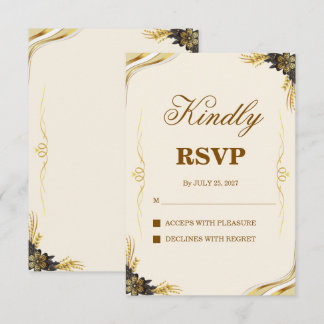 Cartão RSVP Casamento Elegante Preto e Dourado