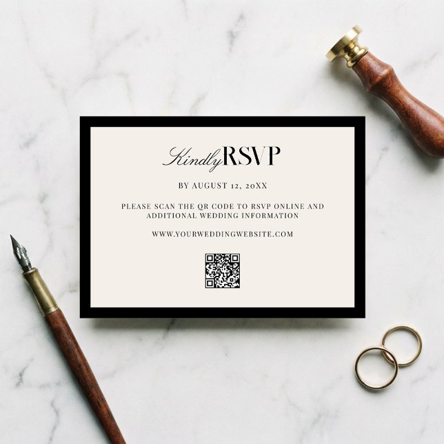 Cartão RSVP Casamento Elegante Preto e Marfim (Criador carregado)