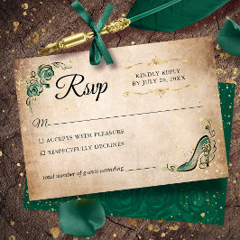 Cartão RSVP Casamento elegante princesa verde e Dourada