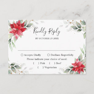 Cartão RSVP Casamento Elegante Red Poinsettia Winter Greenery