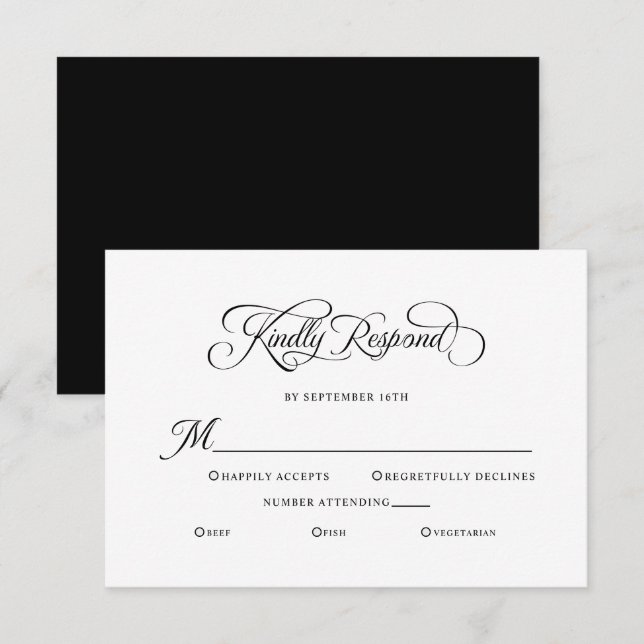 Cartão RSVP Casamento Elegante Responde Caligrafia Preta (Frente/Verso)