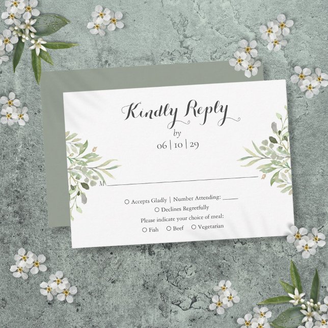 Cartão RSVP Casamento Elegante Rota de Água Script (Watercolor Greenery Elegant Script Wedding RSVP Card)