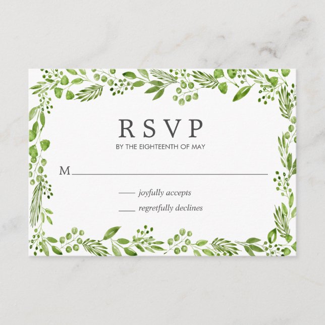 Cartão RSVP Casamento Elegante Rustic Olive Greenery (Frente)