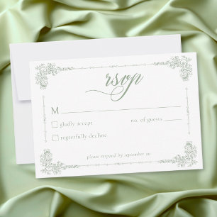 Cartão RSVP Casamento Elegante Vintage Barroco em Verde Sage