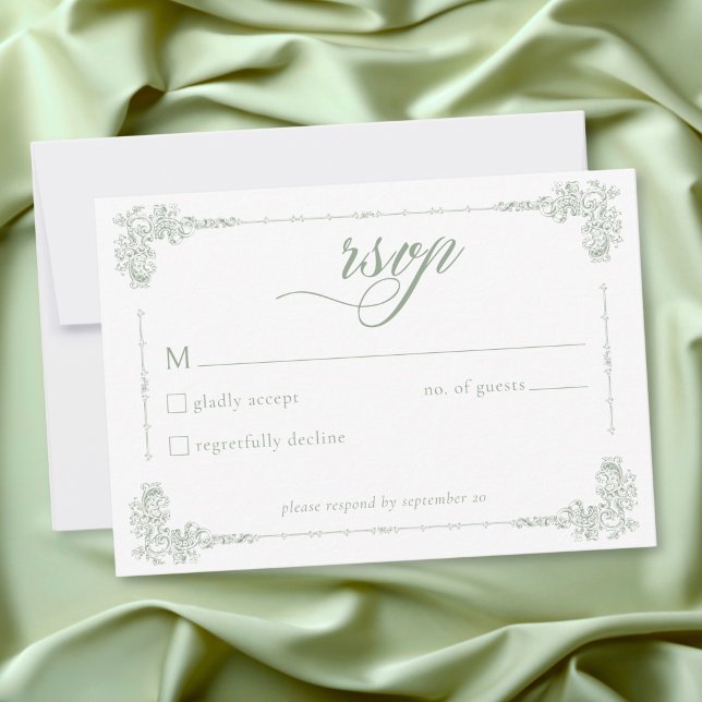 Cartão RSVP Casamento Elegante Vintage Barroco em Verde Sage (Elegant Vintage Baroque Sage Green Wedding RSVP Card)