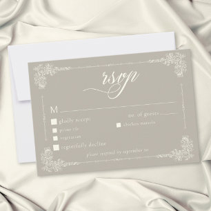 Cartão RSVP Casamento Elegante Vintage Barroco Neutro Bege Mar