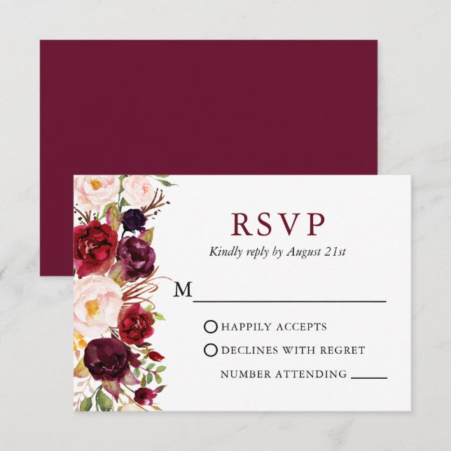 Cartão RSVP Casamento Elegante Watercolor Floral Burgundy (Frente/Verso)