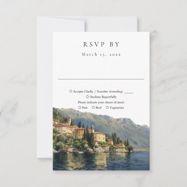 Cartão RSVP Casamento Elegante Watercolor Lake Como Itália (Frente)