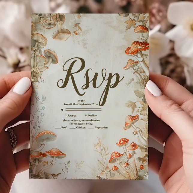 Cartão RSVP Casamento Elegante Woodland Mushroom Fern (Criador carregado)