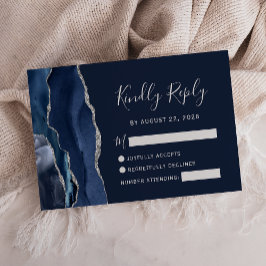 Cartão RSVP Casamento em Ágata Prata Azul Marinho Moderno