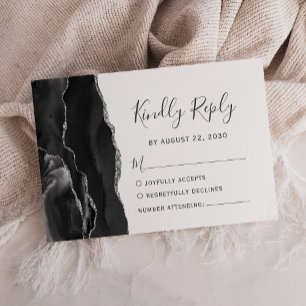 Cartão RSVP Casamento em Ágata Prata Preta Moderna