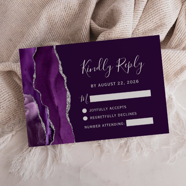 Cartão RSVP Casamento em Ágata Prateada Deep Purple Moderna (Criador carregado)