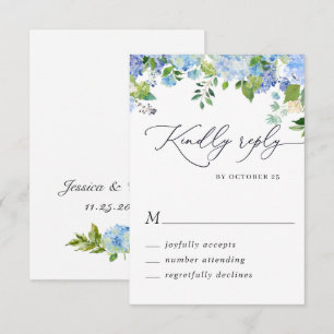 Cartão RSVP Casamento em Aquarela de Hortênsia Azul Elegante