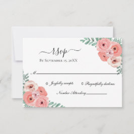 Cartão RSVP Casamento em Aquarela Floral Rosa e Verde Elegante