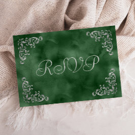 Cartão RSVP Casamento em Aquarela Verde Esmeralda Prata Vintag
