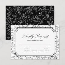 Casamento em Arte de Linha Floral Preta e Branca V