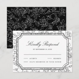 Cartão RSVP Casamento em Arte de Linha Floral Preta e Branca V