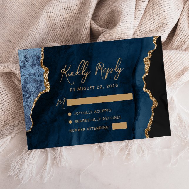 Cartão RSVP Casamento em Azul Naval Ágata Dourado Script (Criador carregado)