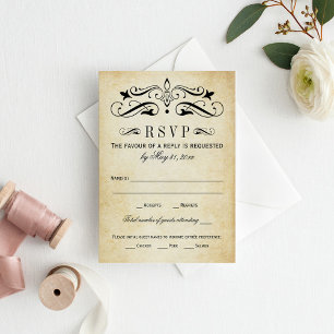 Cartão RSVP Casamento em Pergaminho Rústico Vintage Preto