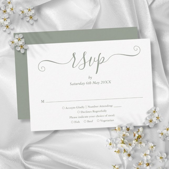 Cartão RSVP Casamento em Script Moderno Elegante Verde Sage (Elegant Modern Script Sage Green Wedding RSVP Card)