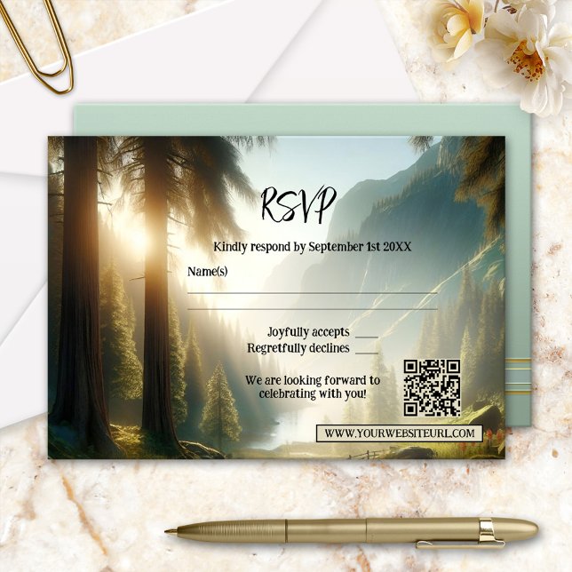 Cartão RSVP Casamento Encantado de Montanha Florestal (RSVP card featuring a painting of an enchanted forest in a mountain landscape - with QR code)