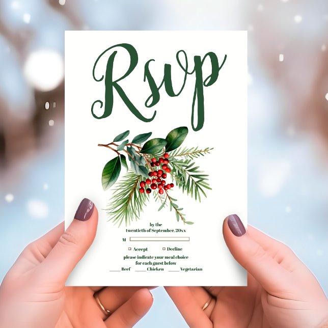 Cartão RSVP Casamento entre Berries e Pine de Natal (Criador carregado)