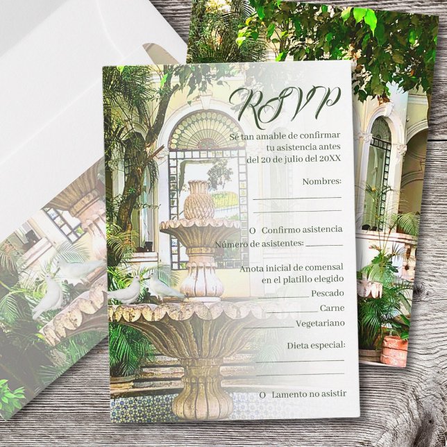 Cartão RSVP Casamento entre Espanhol, Hacienda e Pombos Branco (Criador carregado)